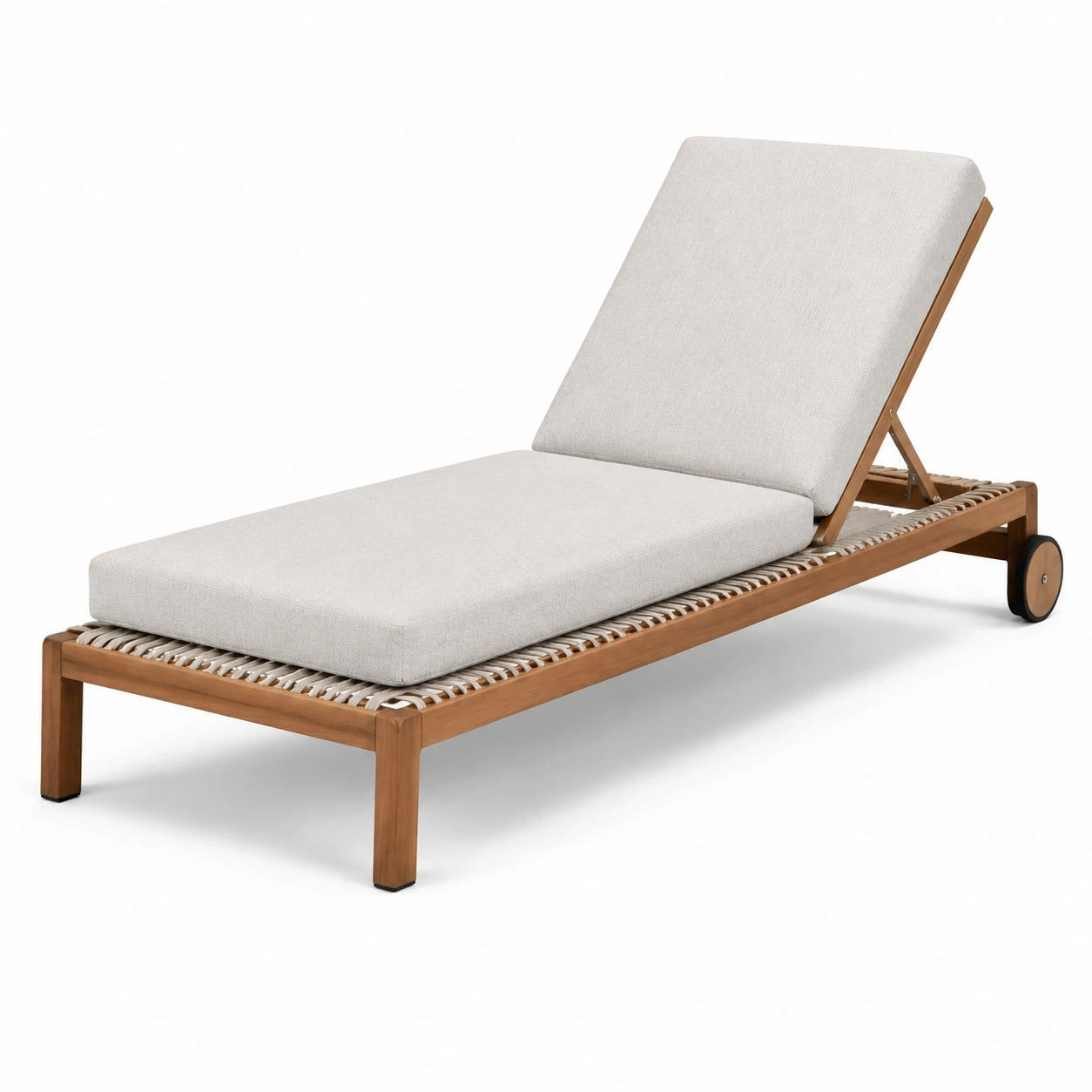 Bain de soleil en bois brun et corde tressée beige avec dossier inclinable et roues noires, 200 x 70 x 95 cm
