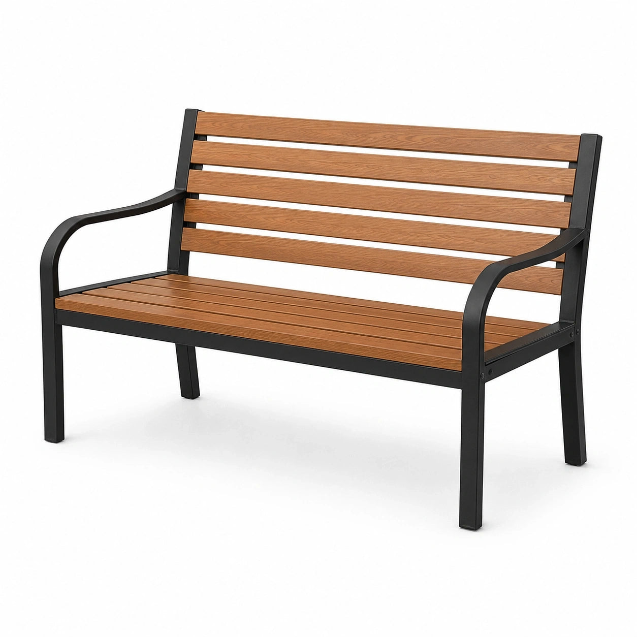 Banc de jardin moderne 2 places en acier noir et bois marron, 120 × 60 × 85 cm