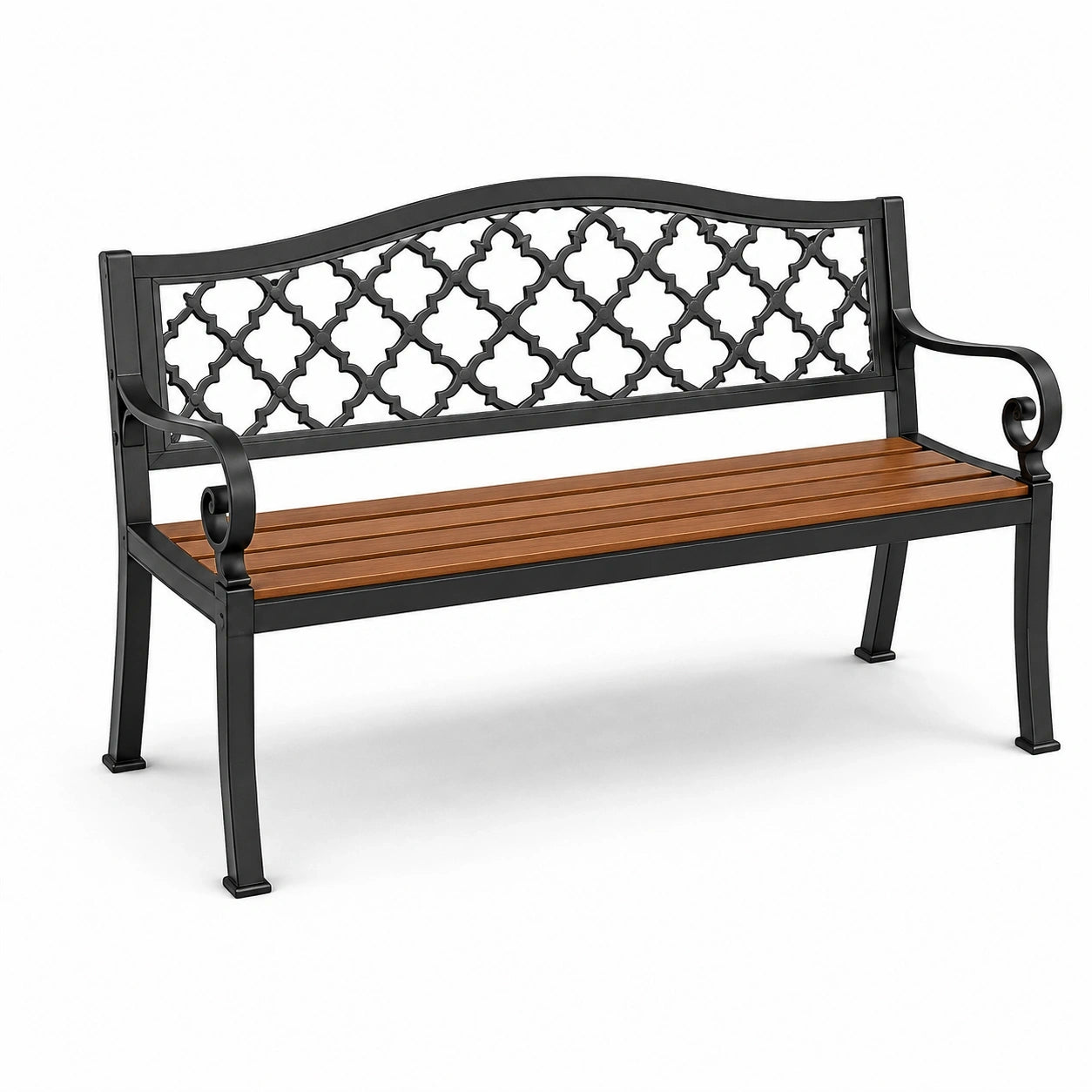 Banc de jardin en métal noir et bois marron avec dossier décoratif, 127 × 60 × 85 cm