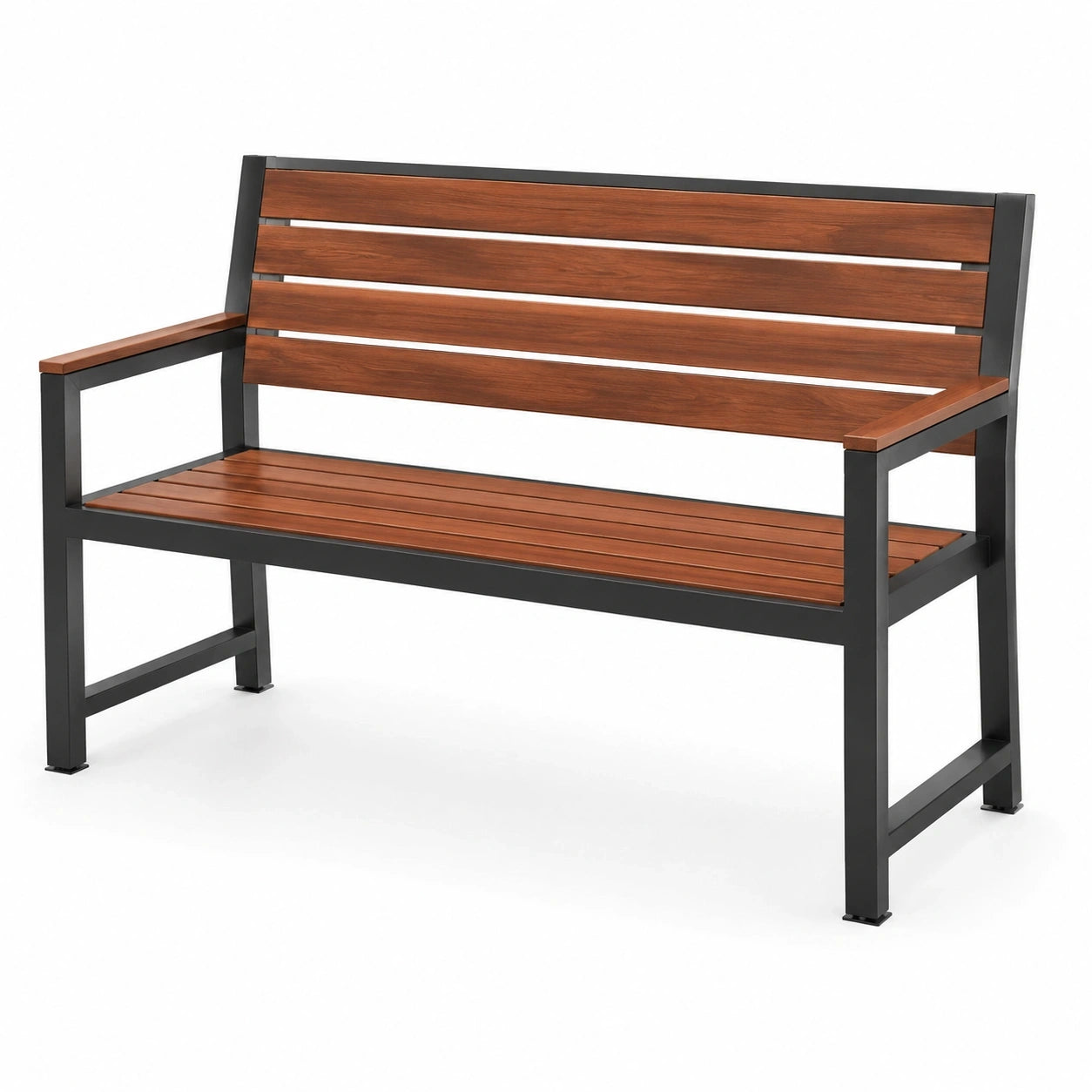 Banc de jardin 2 places en bois brun et acier noir, 120 × 60 × 85 cm, style moderne