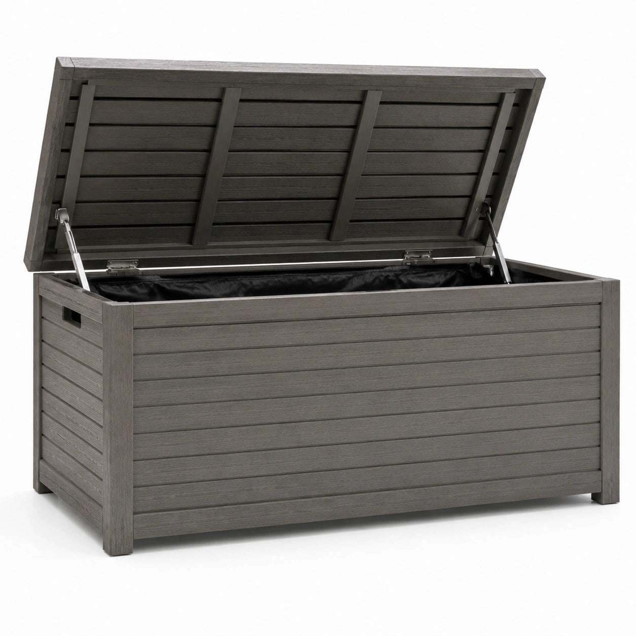 Coffre de rangement extérieur en résine aspect bois gris anthracite, 150 × 75 × 70 cm, couvercle relevable