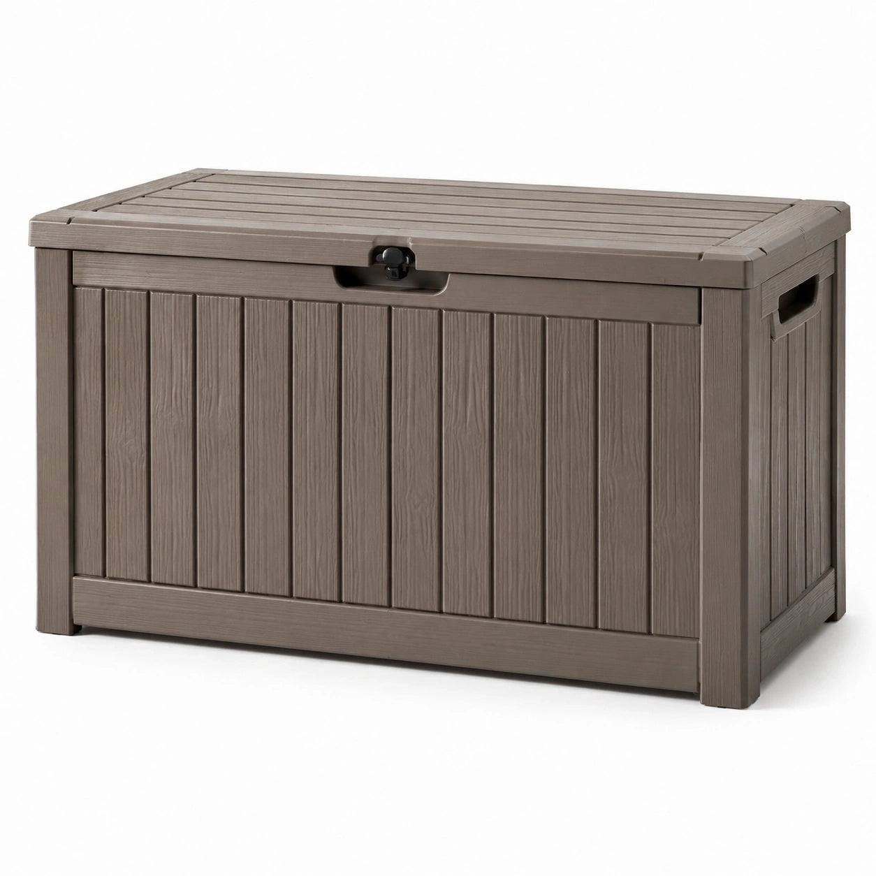 Coffre de rangement extérieur en résine marron avec couvercle verrouillable, 120 × 54 × 57 cm
