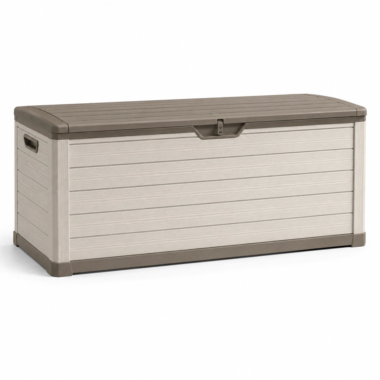 Coffre de rangement extérieur en résine beige et taupe avec couvercle relevable, 155 × 72 × 64 cm