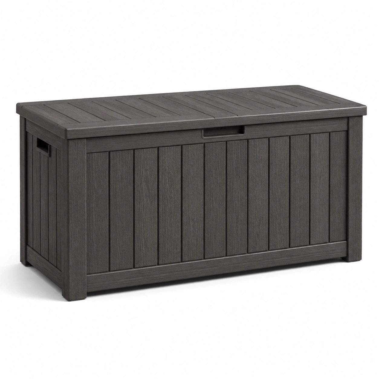 Coffre de rangement extérieur en résine gris anthracite aspect bois, 120 × 54 × 57 cm