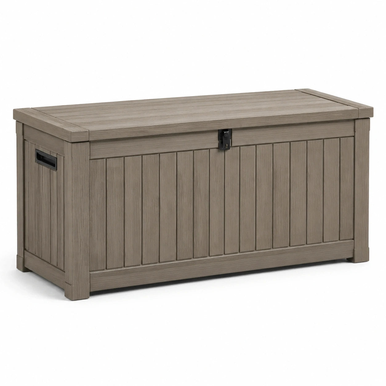 Coffre de rangement extérieur en polypropylène taupe et noir, 120 × 55 × 60 cm, finition aspect bois avec couvercle à loquet