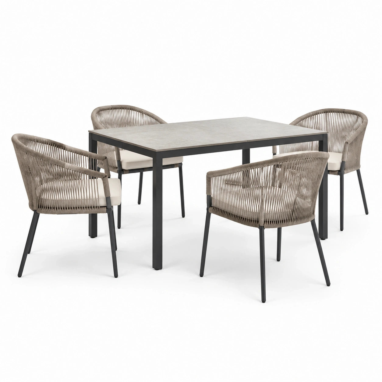 Ensemble repas de jardin 5 pièces gris, taupe, beige et noir avec table 140 × 80 × 75 cm et 4 fauteuils 58 × 62 × 79 cm