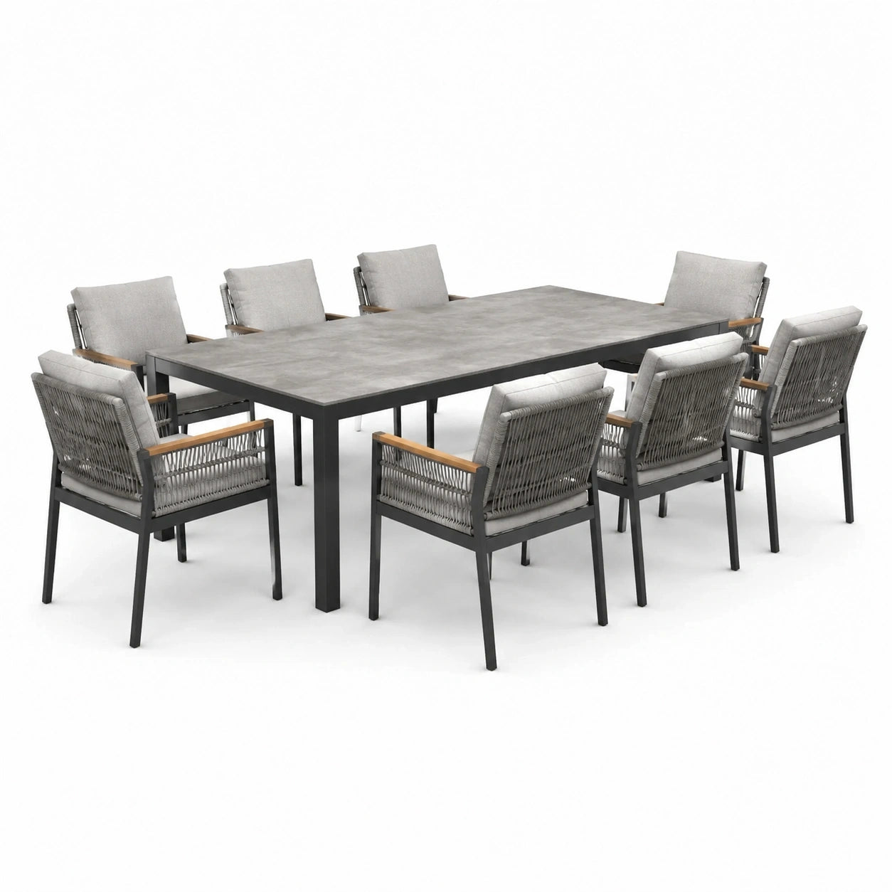 Ensemble repas de jardin 9 pièces avec table de 200 × 100 × 75 cm et 8 fauteuils, gris, anthracite et bois naturel