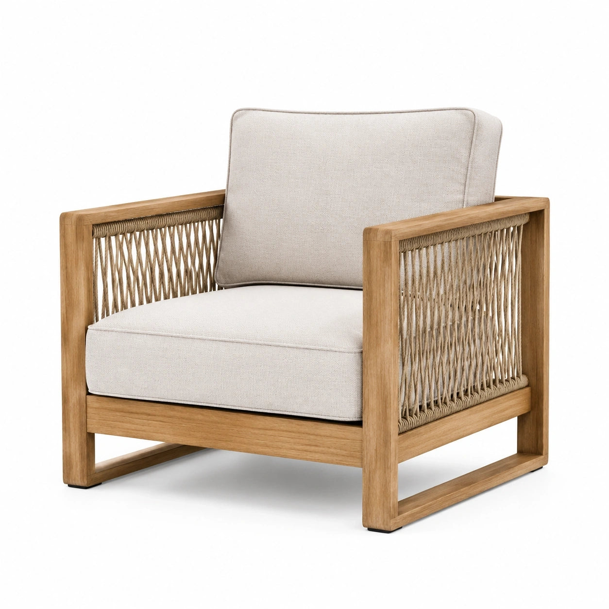 Fauteuil de jardin contemporain en bois naturel, corde beige et tissu écru, 78 × 82 × 80 cm