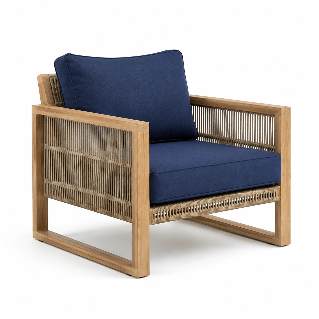 Fauteuil de jardin contemporain en bois naturel, corde taupe et tissu bleu marine, 80 x 76 x 74 cm