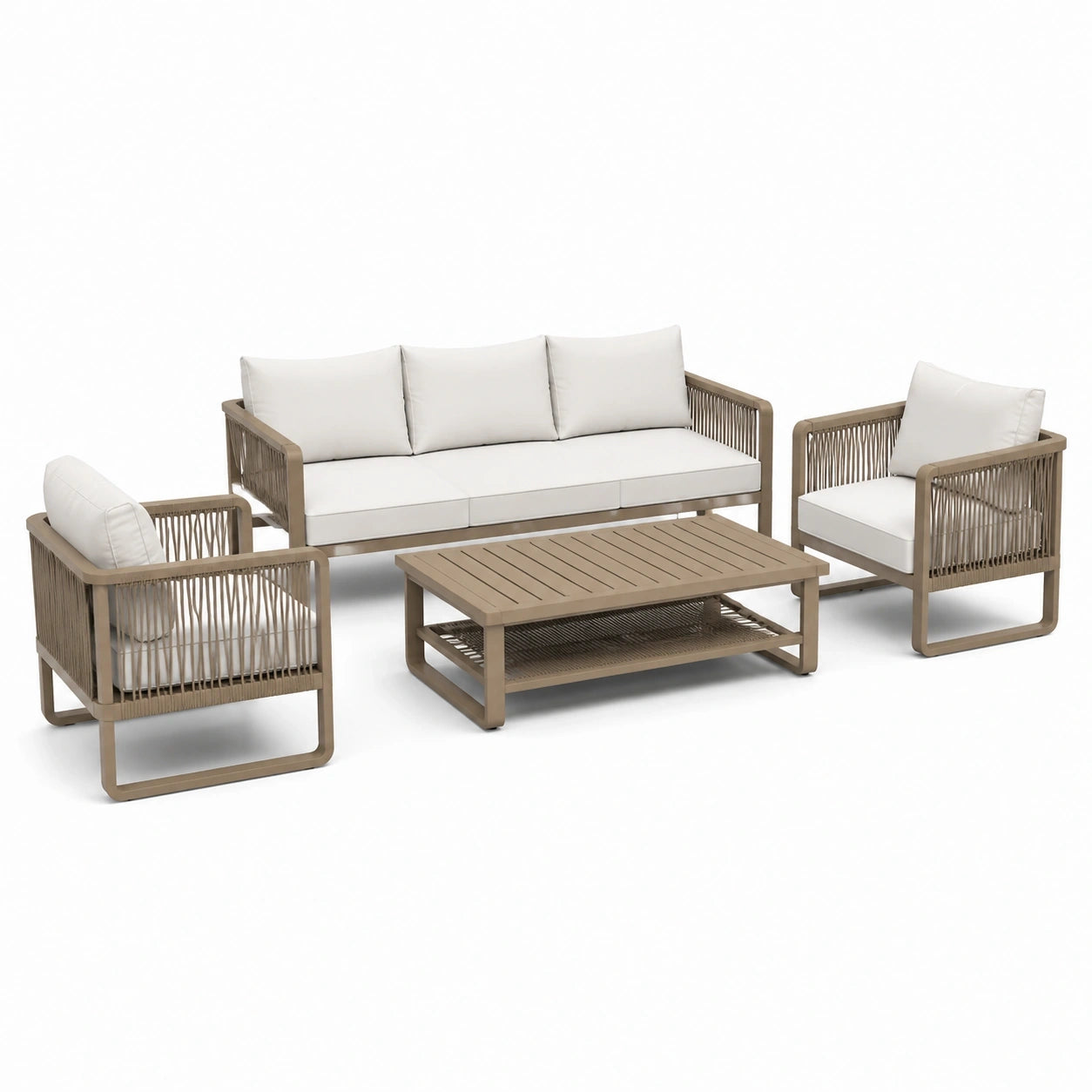 Ensemble de jardin 5 places taupe et blanc cassé avec canapé 210 × 80 × 78 cm, 2 fauteuils 76 × 80 × 78 cm et table basse 110 × 60 × 42 cm