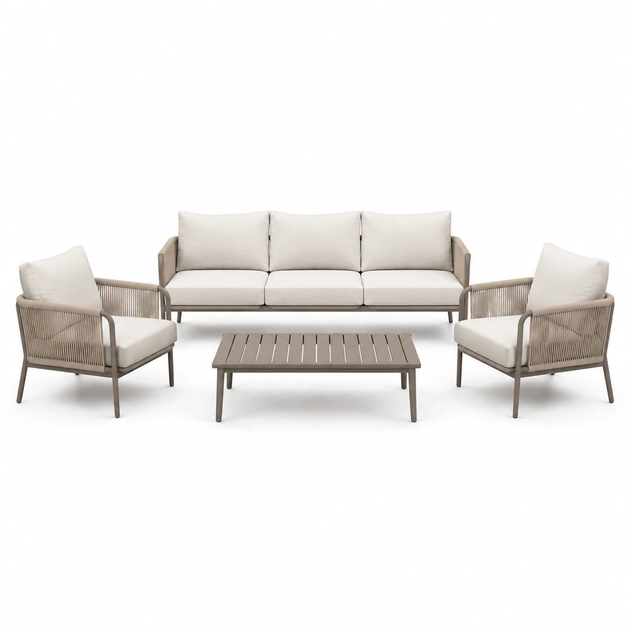 Salon de jardin 4 pièces taupe, écru et beige avec canapé 3 places 205 × 80 × 78 cm, 2 fauteuils 76 × 80 × 78 cm et table basse 110 × 60 × 38 cm