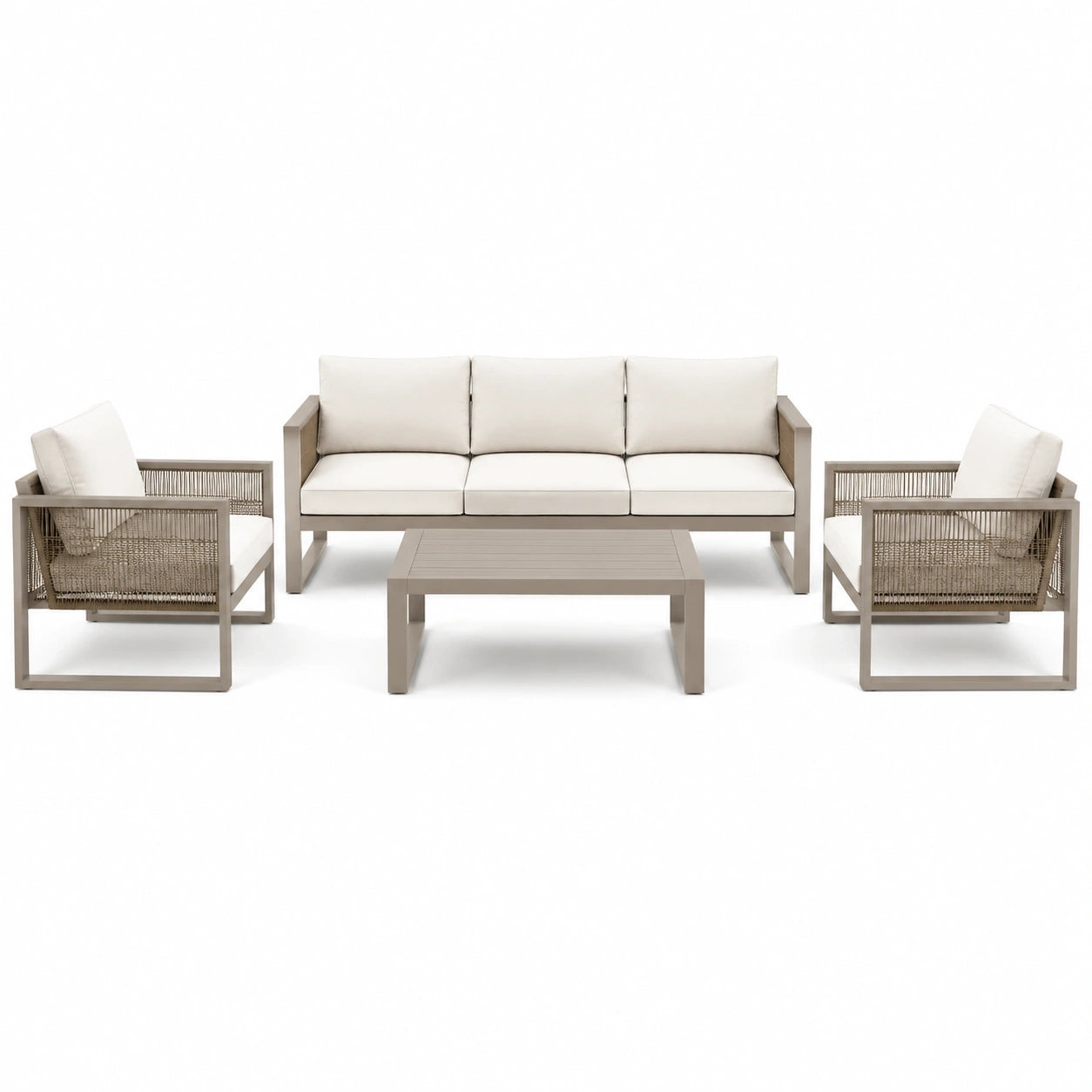 Salon de jardin 4 pièces taupe et écru avec canapé 191 × 77 × 78 cm, 2 fauteuils et table basse