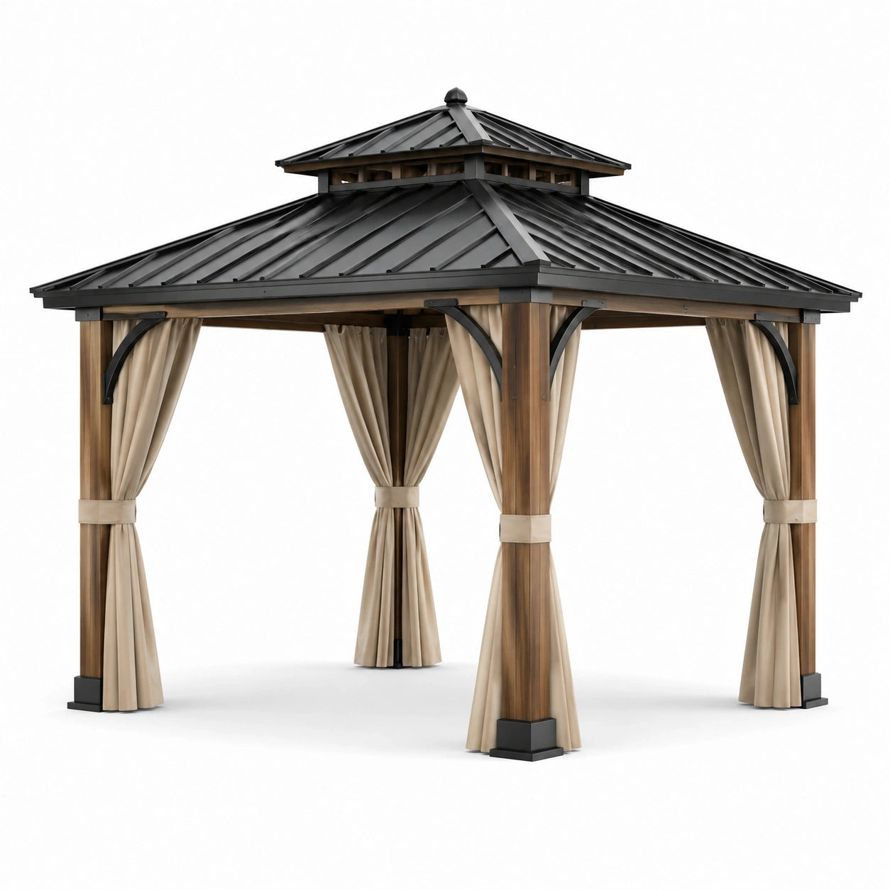 Tonnelle de jardin carrée 300 × 300 × 290 cm en bois et métal, brun, noir et beige, avec rideaux