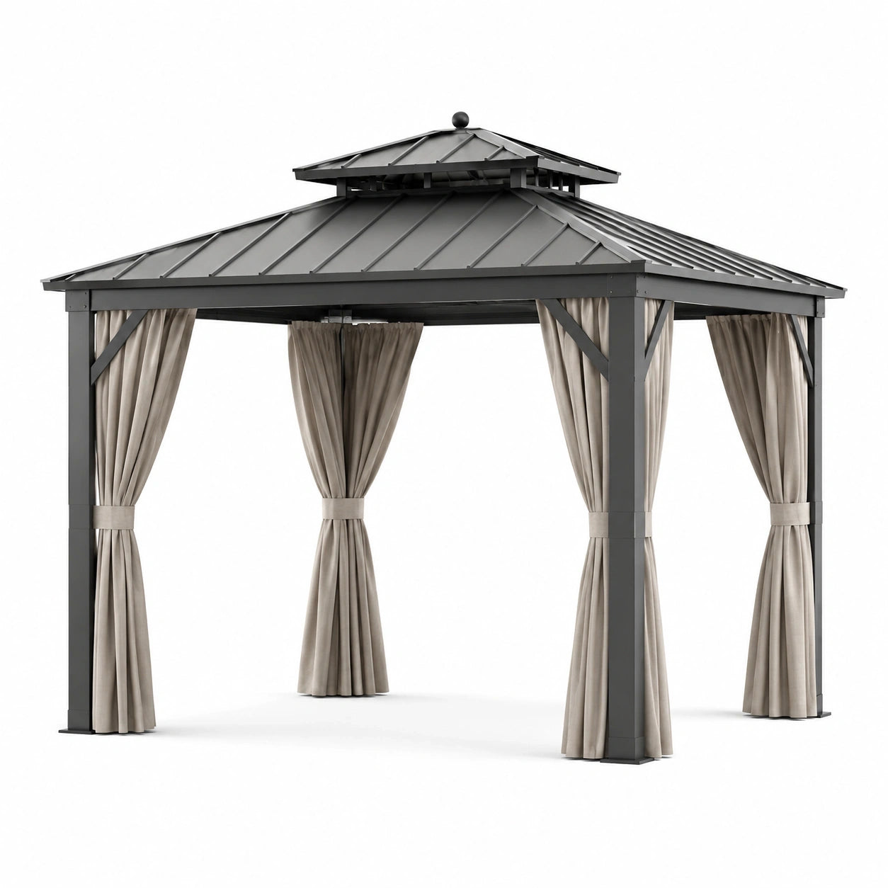 Pavillon de jardin en acier anthracite avec rideaux beiges et toit rigide à double niveau, 360 × 300 × 280 cm