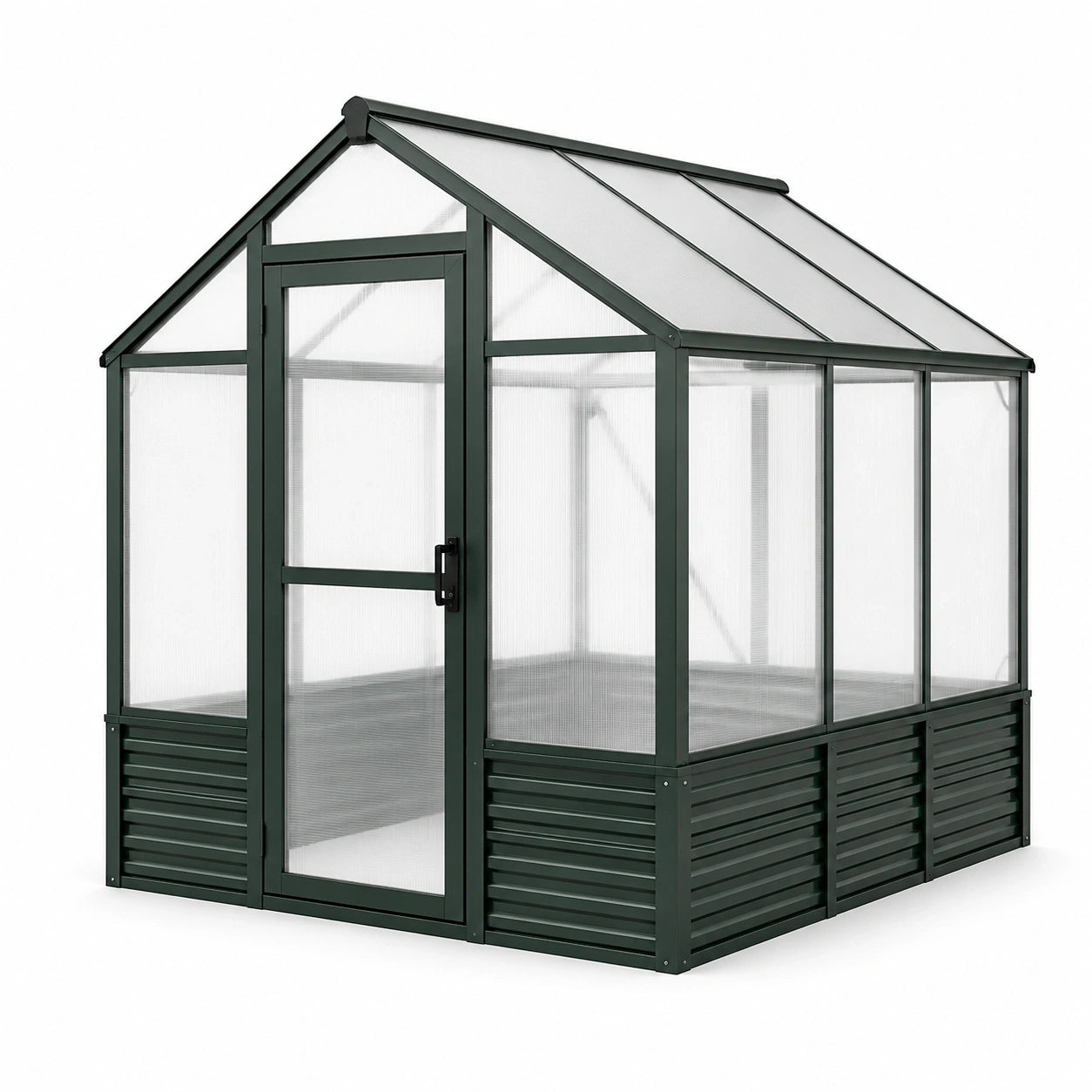 Serre de jardin en aluminium vert foncé et polycarbonate transparent avec porte battante, 244 × 185 × 209 cm