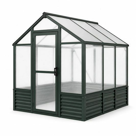 Serre de jardin en aluminium vert foncé et polycarbonate transparent avec porte battante, 244 × 185 × 209 cm