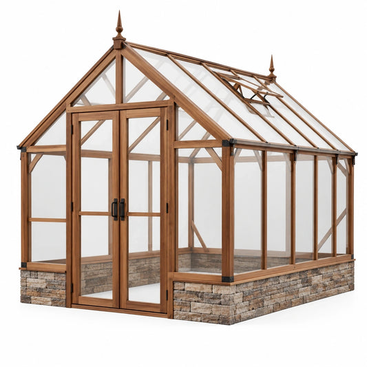 Serre de jardin en bois marron avec panneaux transparents, soubassement gris pierre et ferrures noires, 244 × 183 × 245 cm