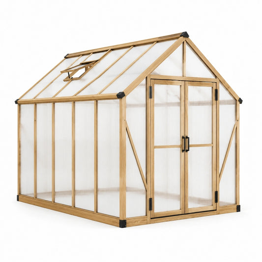 Serre de jardin en bois naturel et polycarbonate translucide 244 × 193 × 225 cm avec double porte et fenêtre de toit