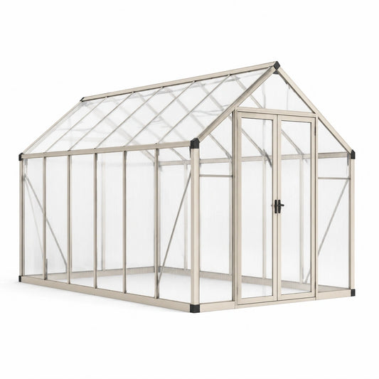 Serre de jardin en aluminium beige et polycarbonate translucide avec double porte, 250 × 190 × 195 cm