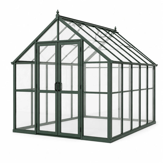 Serre de jardin en aluminium vert foncé avec panneaux transparents et double porte, 300 × 250 × 250 cm