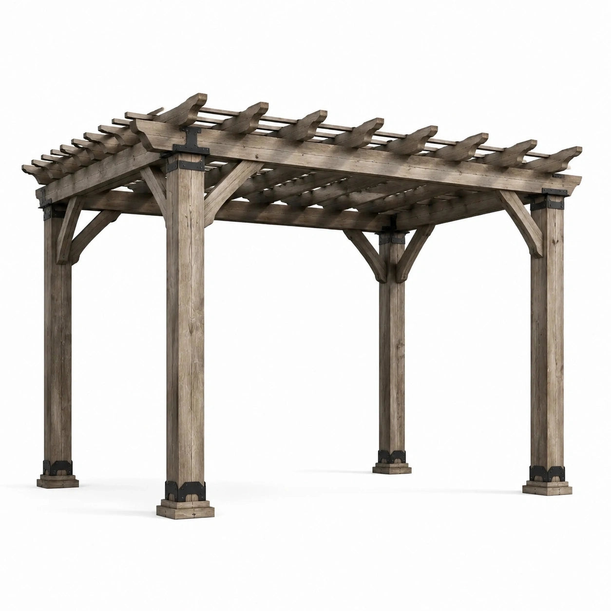 Pergola de jardin rustique en bois brun et acier noir avec toit ajouré, 427 × 305 × 244 cm