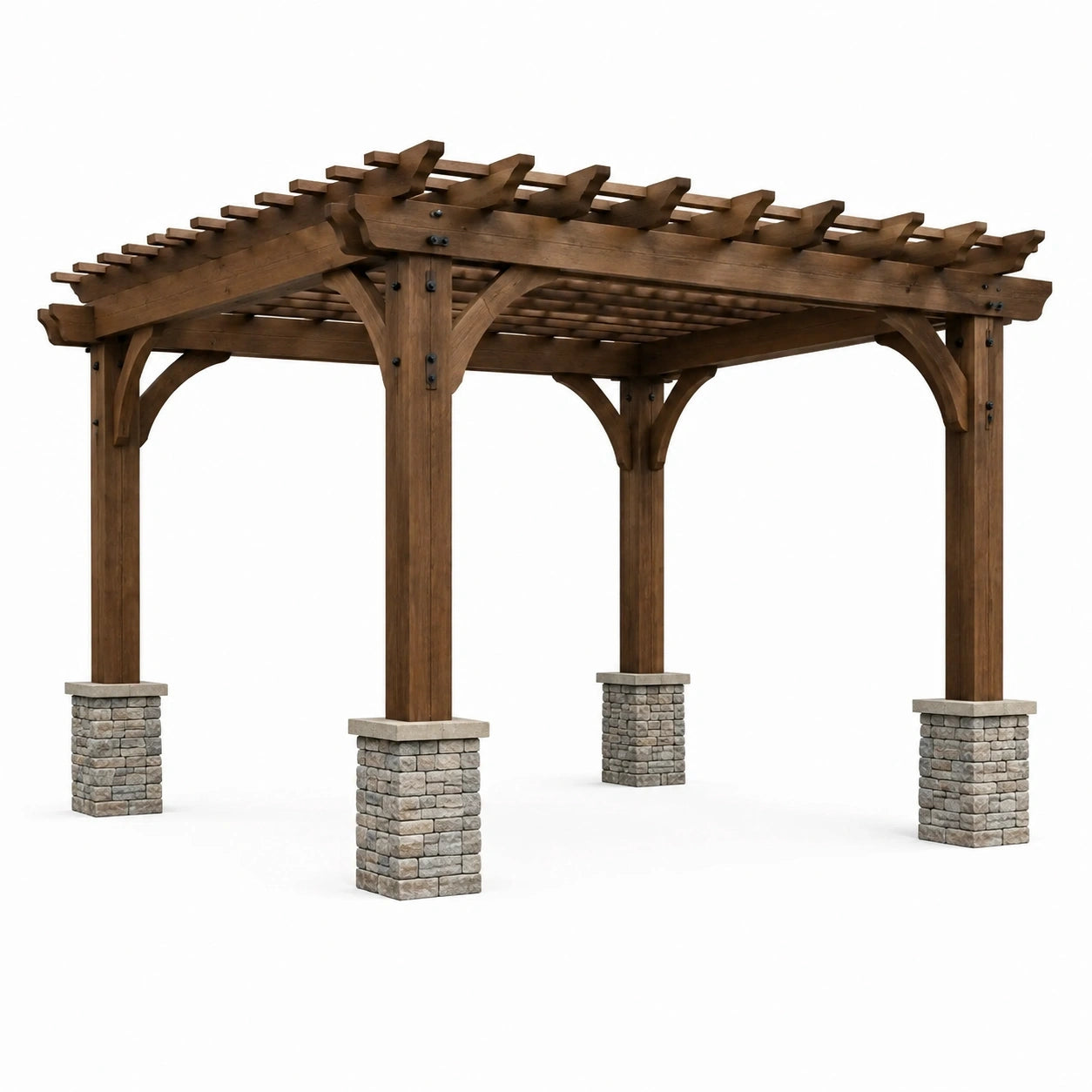 Pergola de jardin en bois brun avec bases grises et ferrures noires, 427 × 305 × 267 cm, toit ouvert à lattes