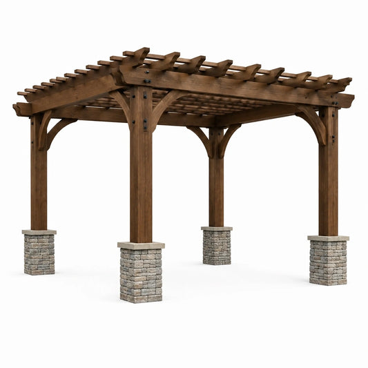 Pergola de jardin en bois brun avec bases grises et ferrures noires, 427 × 305 × 267 cm, toit ouvert à lattes