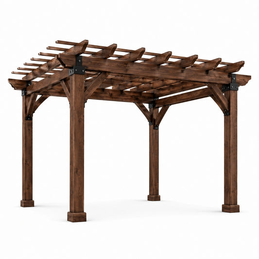 Pergola de jardin en bois marron foncé et noir avec toit ajouré, 366 × 305 × 244 cm, style rustique