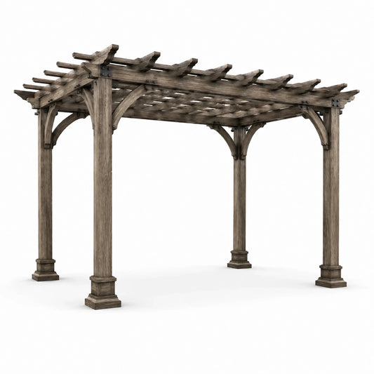 Pergola de jardin en bois brun grisé 427 × 305 × 244 cm avec toit ajouré, style rustique