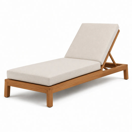 Bain de soleil en bois marron et tissu beige avec dossier inclinable, 200 × 75 × 88 cm
