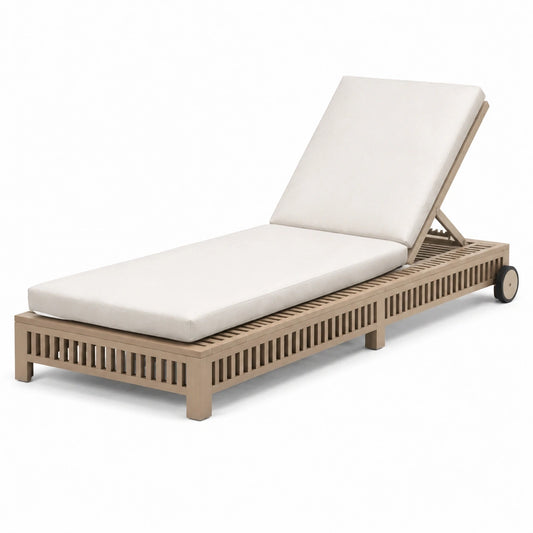 Bain de soleil en bois taupe et textile écru, 205 × 76 × 96 cm, dossier réglable et roulettes