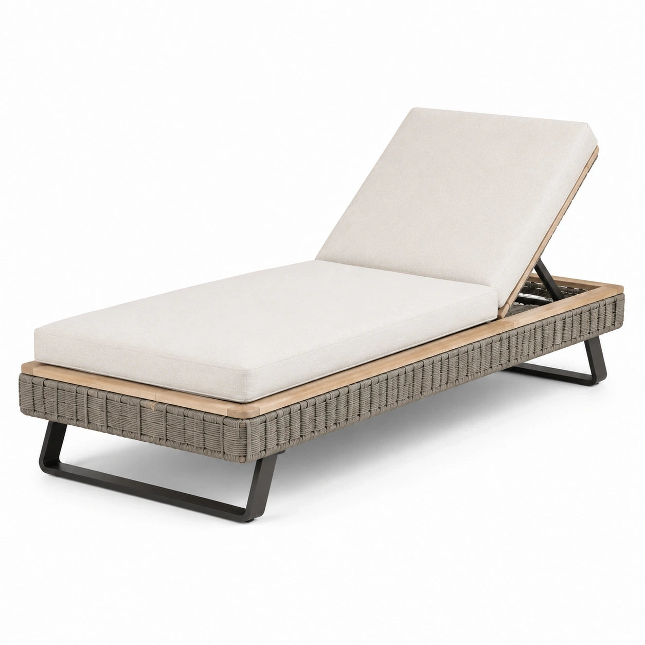 Bain de soleil inclinable en bois, métal et corde tressée, beige, gris, noir et marron clair, 200 × 75 × 35 cm