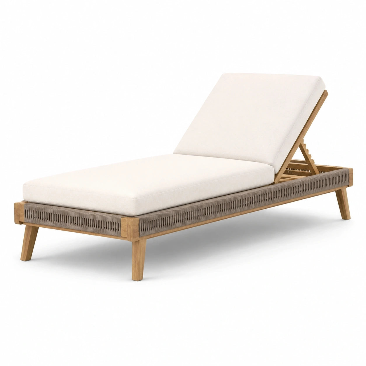 Bain de soleil en bois naturel, tissu écru et corde taupe, 200 × 78 × 95 cm, dossier inclinable