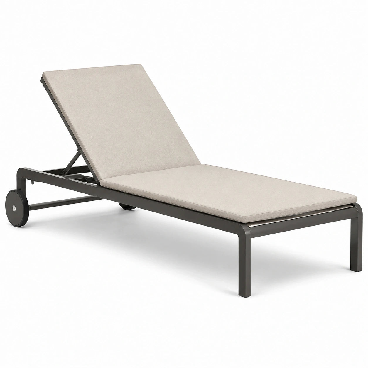 Bain de soleil en aluminium gris anthracite avec matelas beige, dossier inclinable et roulettes, 198 × 70 × 34 cm