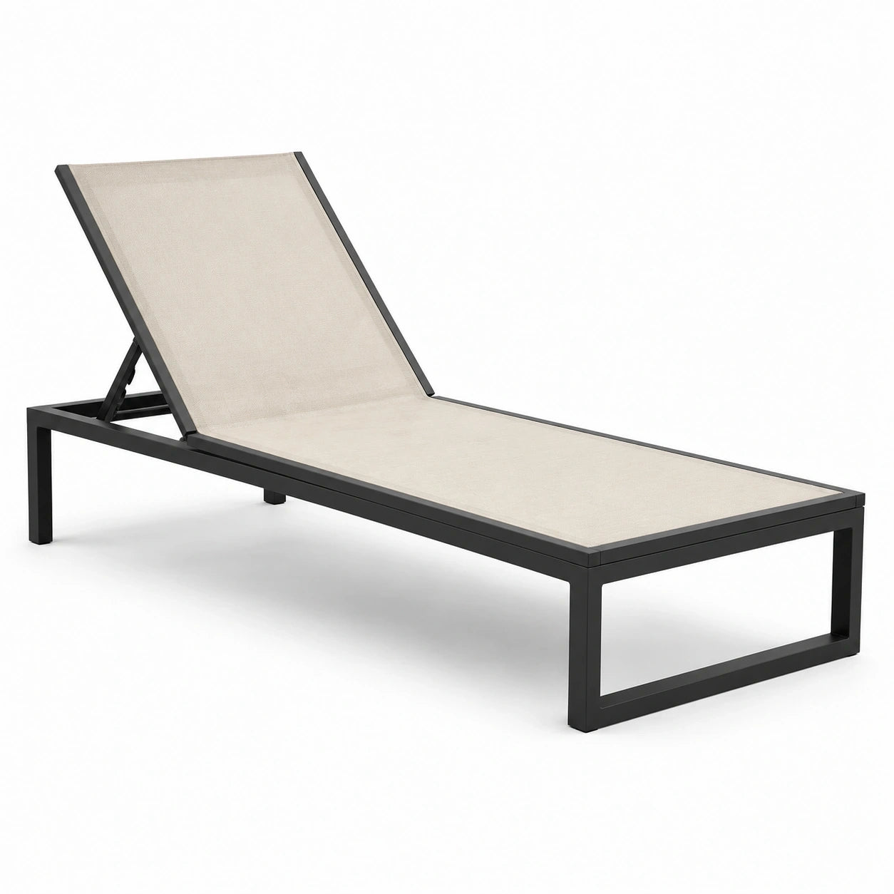 Bain de soleil inclinable en métal noir et toile beige, 190 × 65 × 95 cm