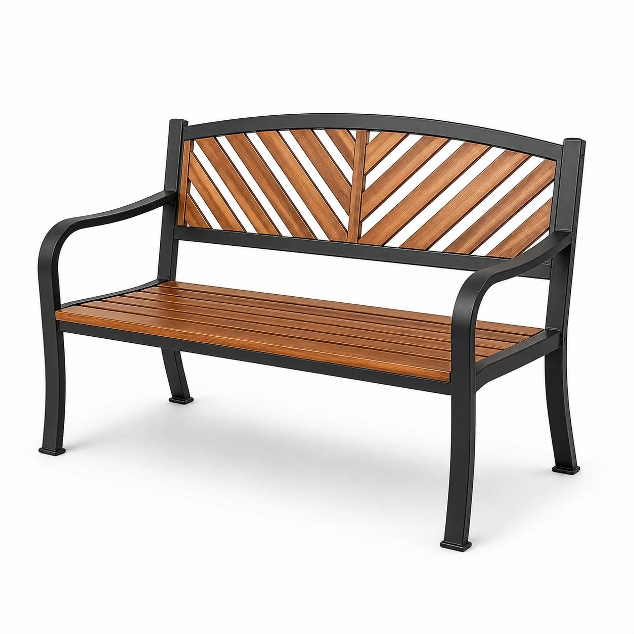Banc de jardin 2 places 127 × 60 × 87 cm en métal noir et lattes brunes effet bois, dossier à chevrons