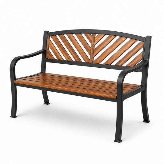 Banc de jardin 2 places 127 × 60 × 87 cm en métal noir et lattes brunes effet bois, dossier à chevrons