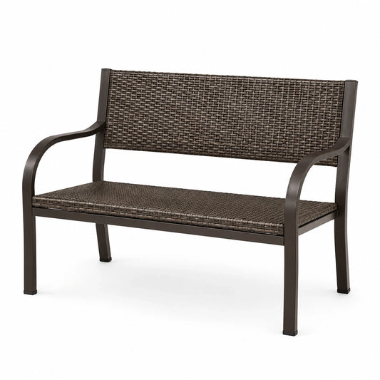 Banc de jardin 2 places en résine tressée et métal marron, 115 × 60 × 85 cm