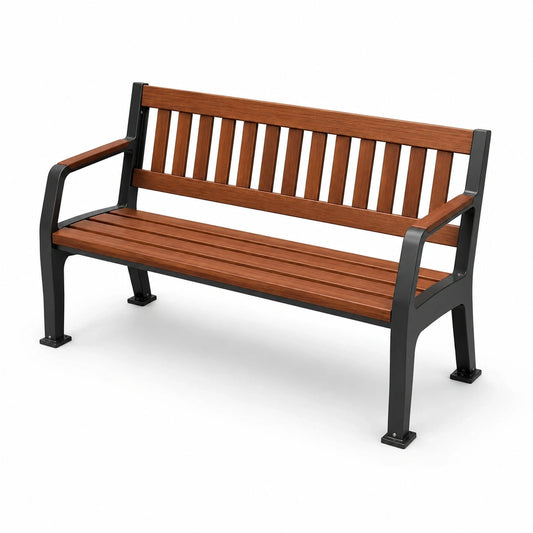 Banc de jardin en bois marron et métal noir avec accoudoirs, 150 × 60 × 85 cm