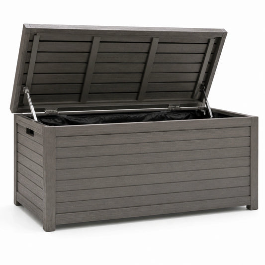 Coffre de rangement extérieur en résine aspect bois gris anthracite, 150 × 75 × 70 cm, couvercle relevable
