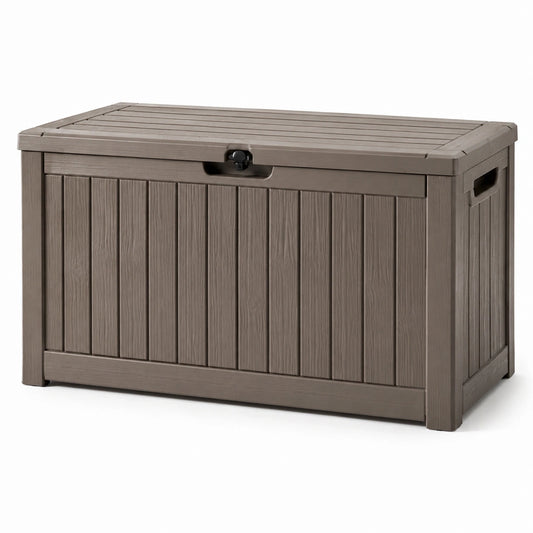Coffre de rangement extérieur en résine marron avec couvercle verrouillable, 120 × 54 × 57 cm