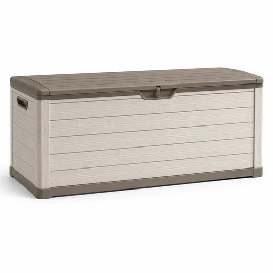 Coffre de rangement extérieur en résine beige et taupe avec couvercle relevable, 155 × 72 × 64 cm