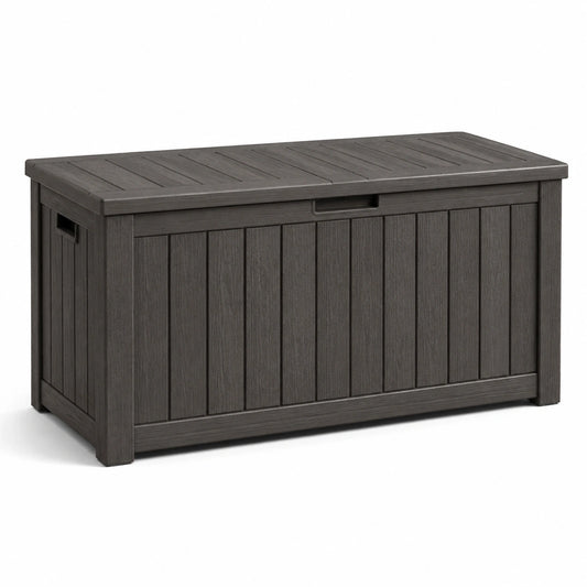 Coffre de rangement extérieur en résine gris anthracite aspect bois, 120 × 54 × 57 cm