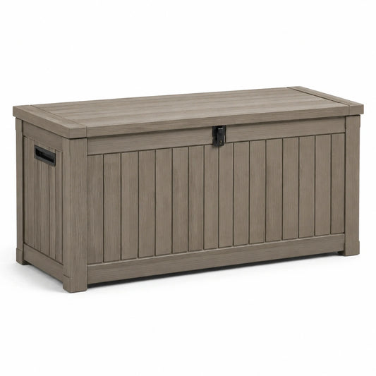 Coffre de rangement extérieur en polypropylène taupe et noir, 120 × 55 × 60 cm, finition aspect bois avec couvercle à loquet