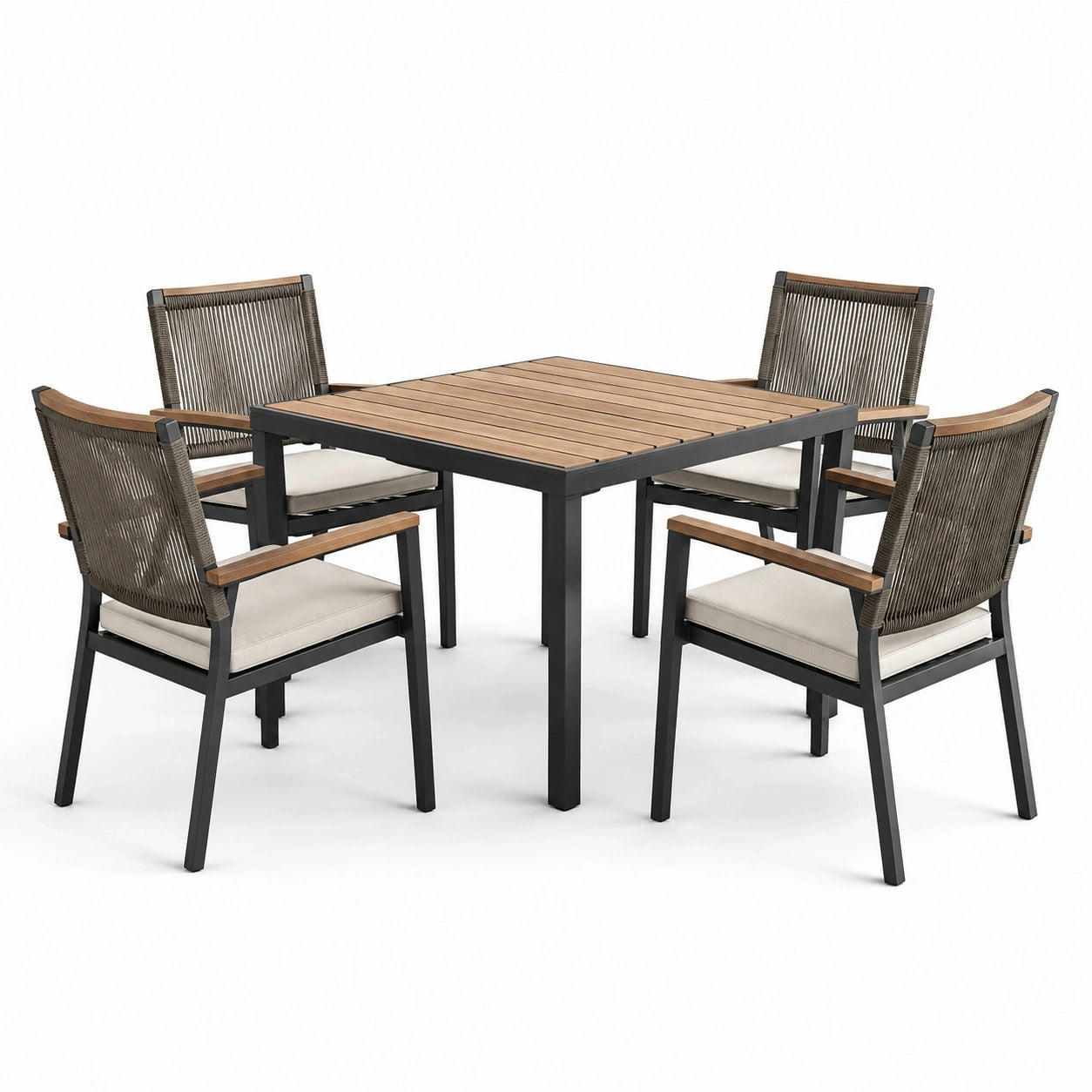 Ensemble repas de jardin 5 pièces noir, brun, taupe et beige avec table carrée 100 × 100 × 75 cm et 4 fauteuils 60 × 62 × 78 cm