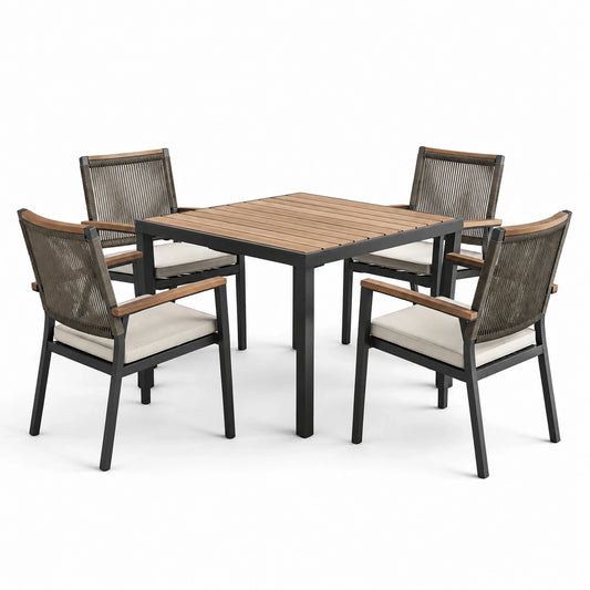 Ensemble repas de jardin 5 pièces noir, brun, taupe et beige avec table carrée 100 × 100 × 75 cm et 4 fauteuils 60 × 62 × 78 cm