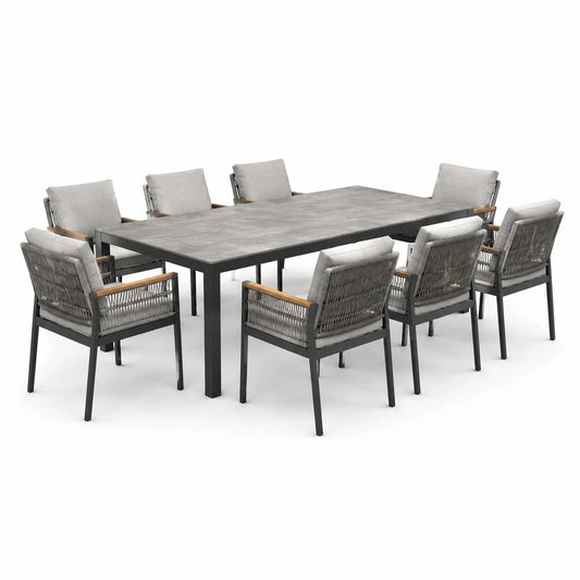 Ensemble repas de jardin 9 pièces avec table de 200 × 100 × 75 cm et 8 fauteuils, gris, anthracite et bois naturel