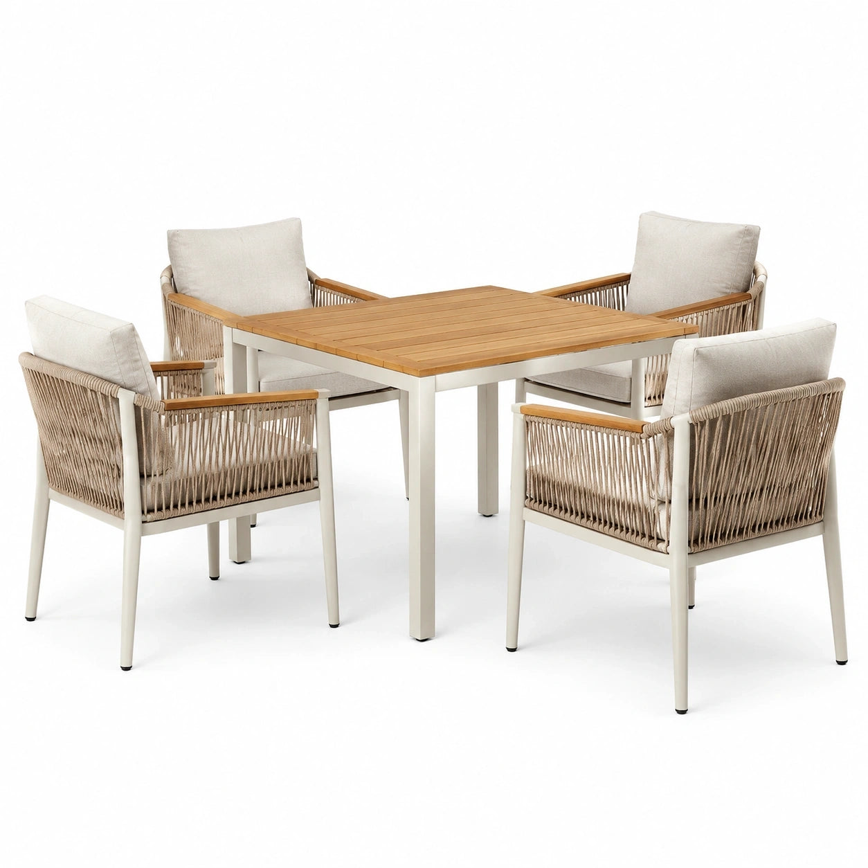 Ensemble repas de jardin 5 pièces, table carrée 120 × 120 × 75 cm et 4 fauteuils, blanc, brun, beige et écru