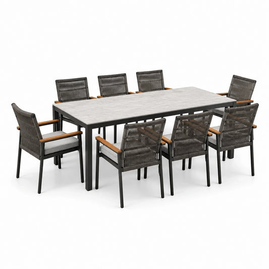 Ensemble repas de jardin 9 pièces, table 200 × 100 × 75 cm et 8 fauteuils 60 × 62 × 90 cm, gris foncé, gris clair et marron