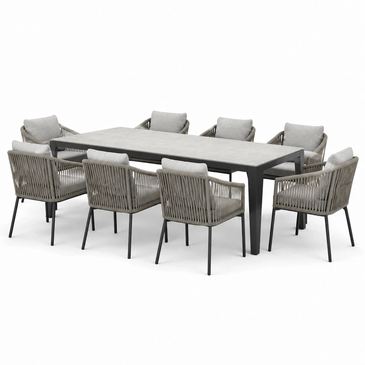 Ensemble repas de jardin 9 pièces gris et noir, table 220 × 100 × 75 cm et 8 fauteuils 60 × 62 × 82 cm